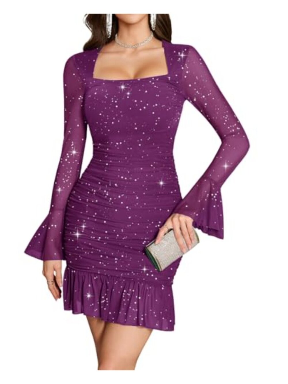 Sparkly Ruched Bodycon Mini Dress, Sheer Mesh Long Sleeve, Square Neck Club